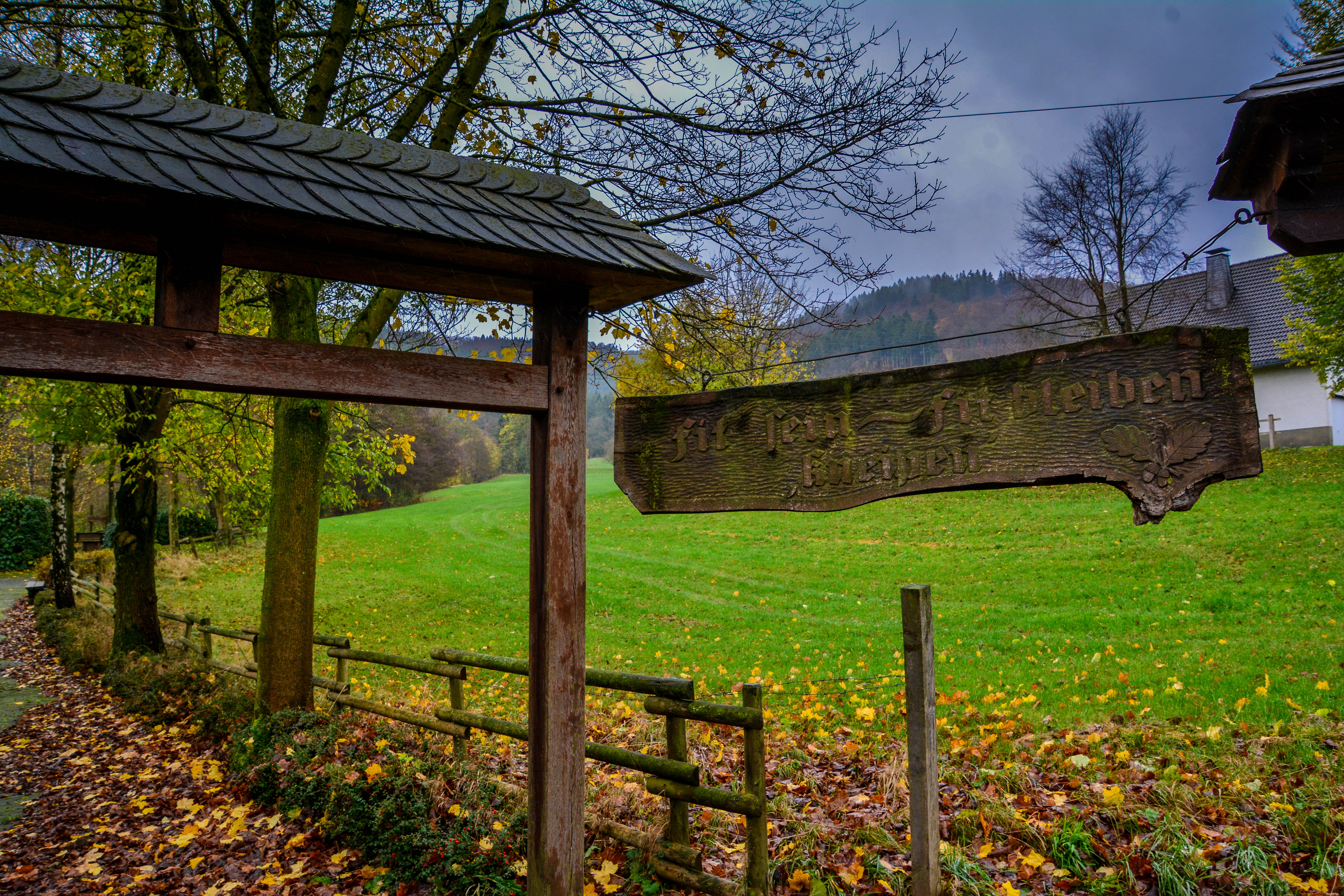 Schild mit der Aufschrift fit sein - fit bleiben - kneippen vor einer grünen Wiese.
