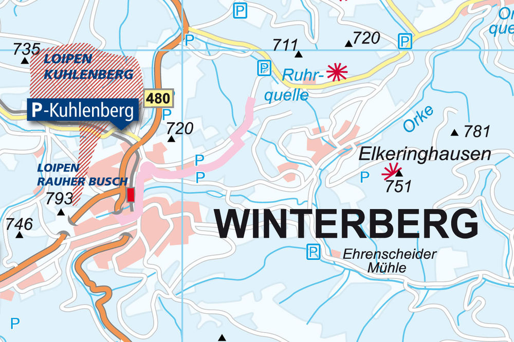 Übersichtskarte des Loipen-Gebietes Rauher Busch bei Winterberg.