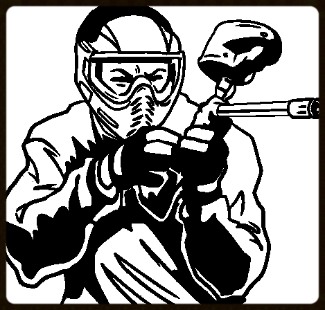 Logo der Paintballhalle Niedersfeld mit der zecihnung eines menschen mit Helm und Paintball-Gewehr.