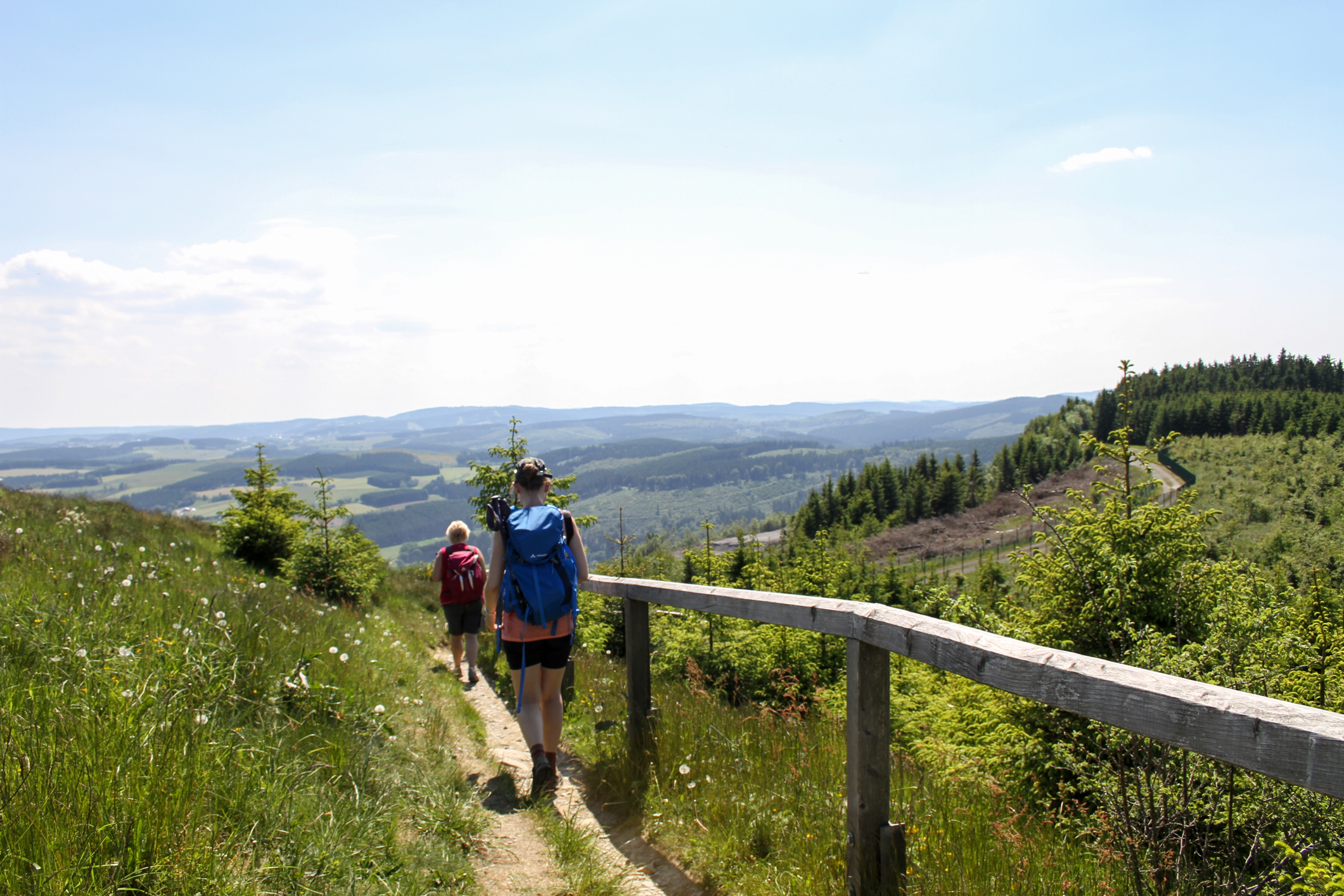 Mehrere Personen hintereinander auf einem schmalen Wanderweg hinter einem Geländer mit einer kilometerweiten Aussicht.