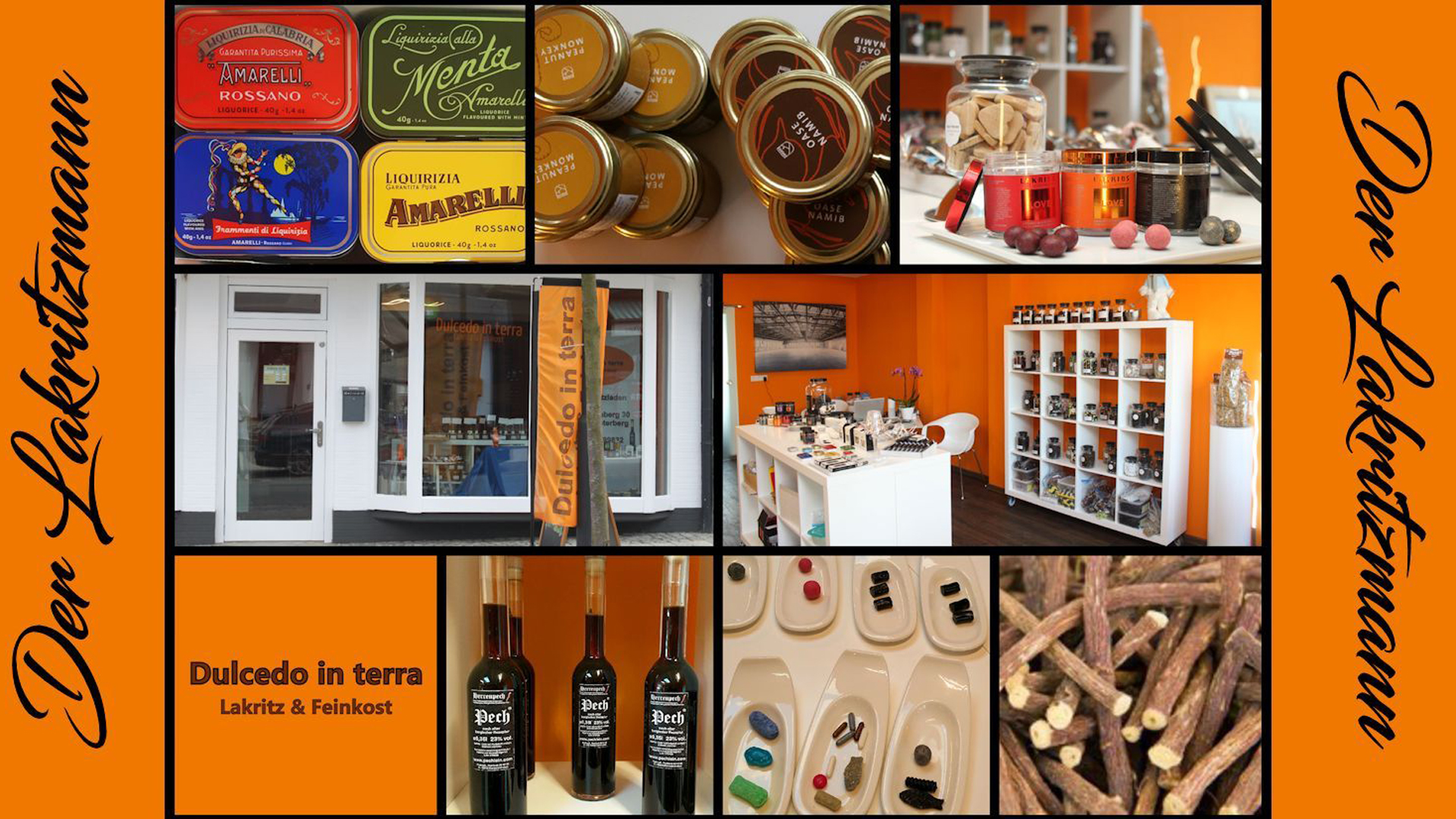 Eine Bildercollage mit verschiedenen Fotos von Lakritze und dem Geschäft Dulcedo in Terra Lakritz und Feinkost. Eine Bildercollage mit verschiedenen Fotos von Lakritze und dem Geschäft Dulcedo in Terra Lakritz und Feinkost.