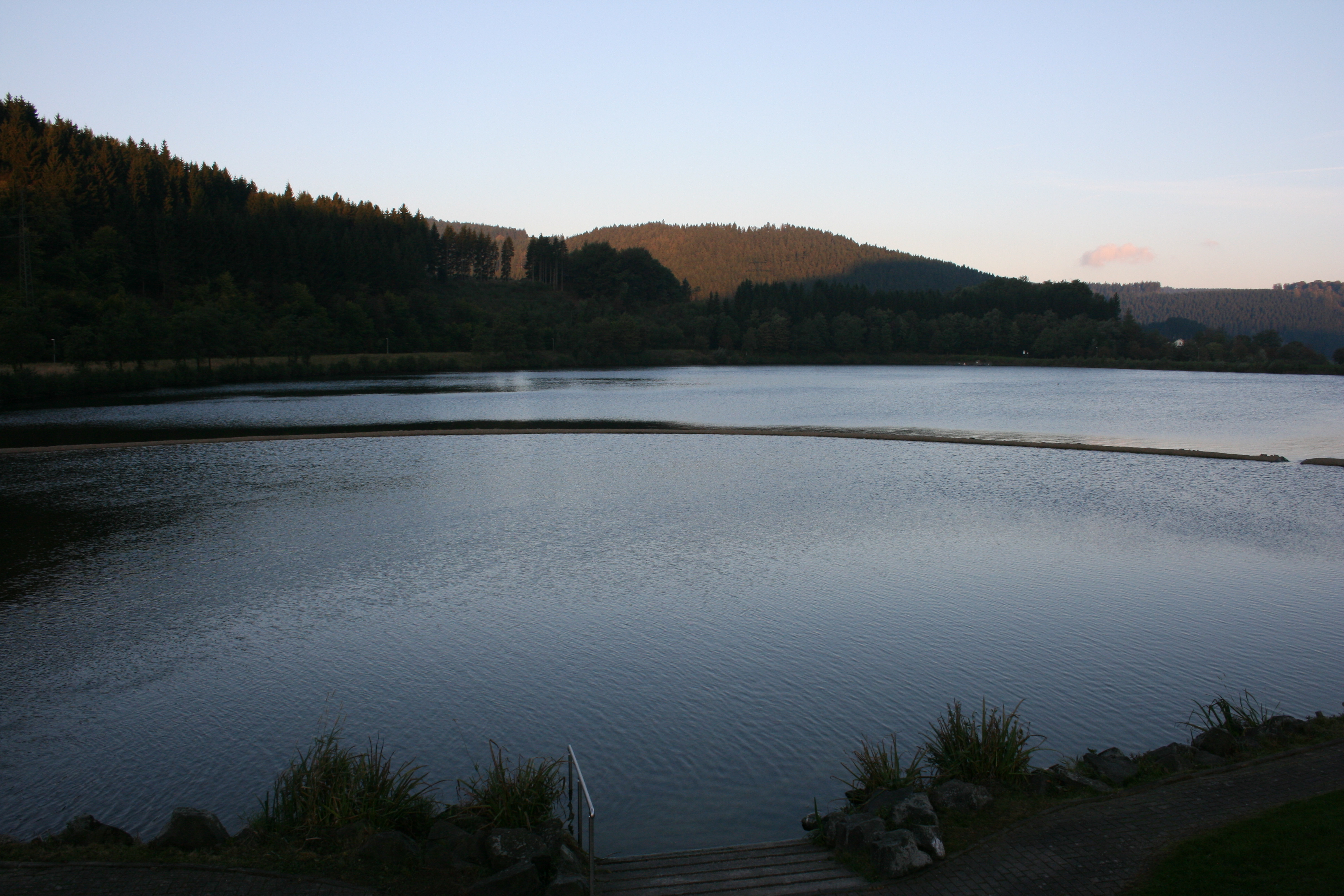 Blick auf den Hillebachsee umgeben von Wald.