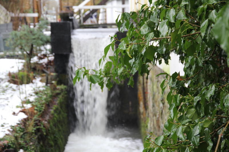 Ein kleiner Wasserfall neben einer Hauswand.