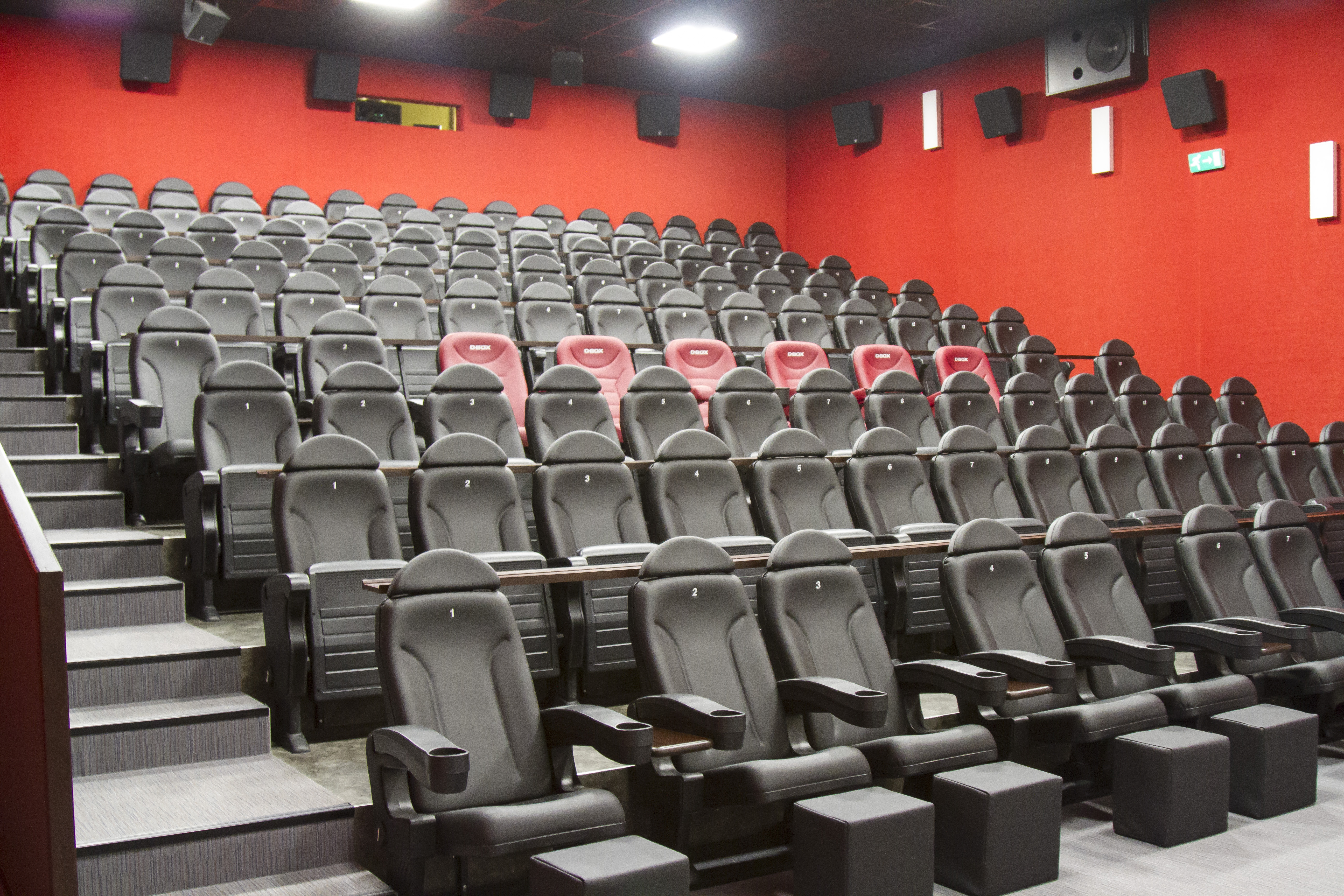Ein Kinosaal mit mehreren Reihen an Sitzen.
