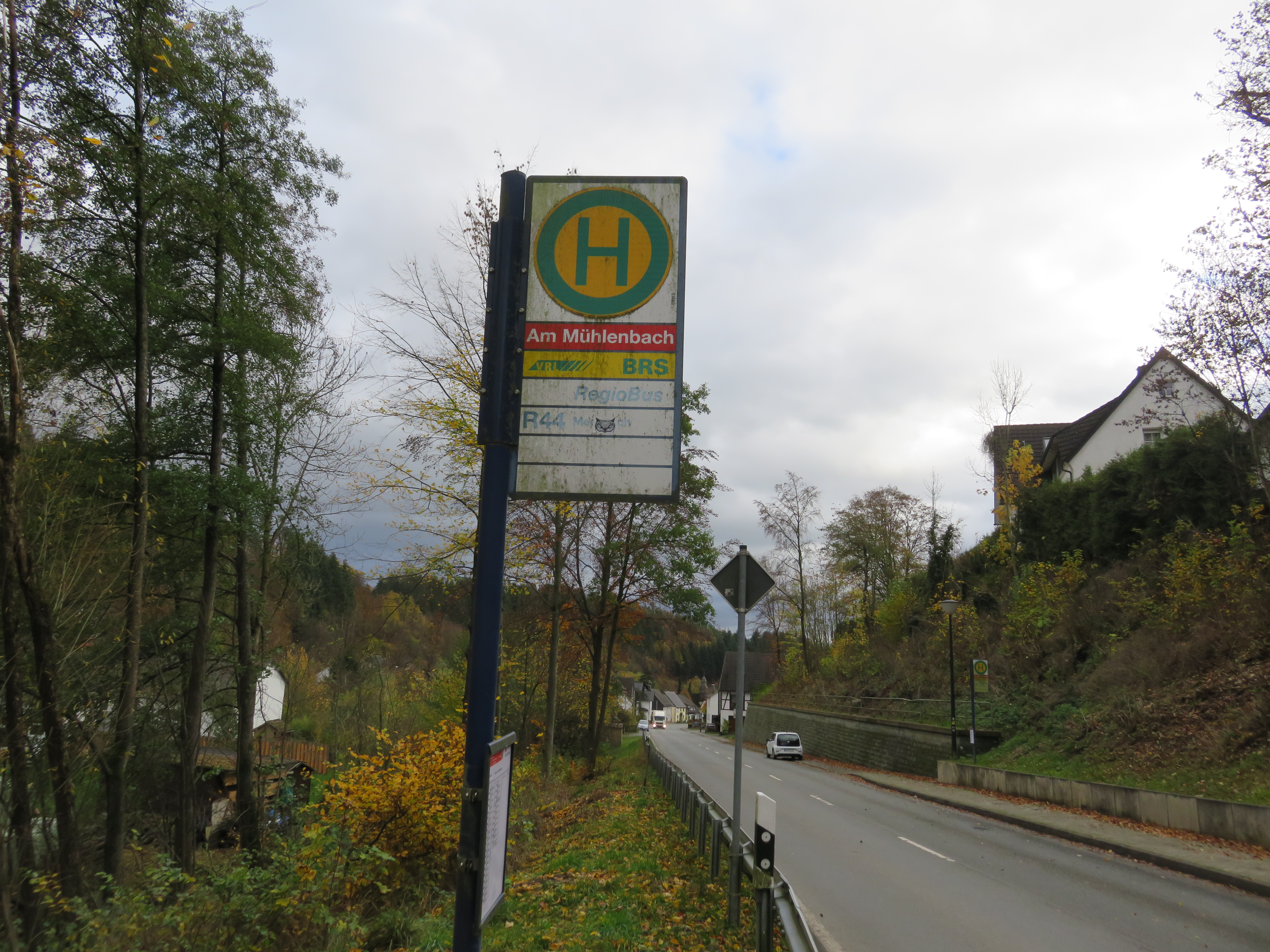 Ein Bushaltestellenschild mit der Aufschrift Am Mühlenbach neben einer Straße.