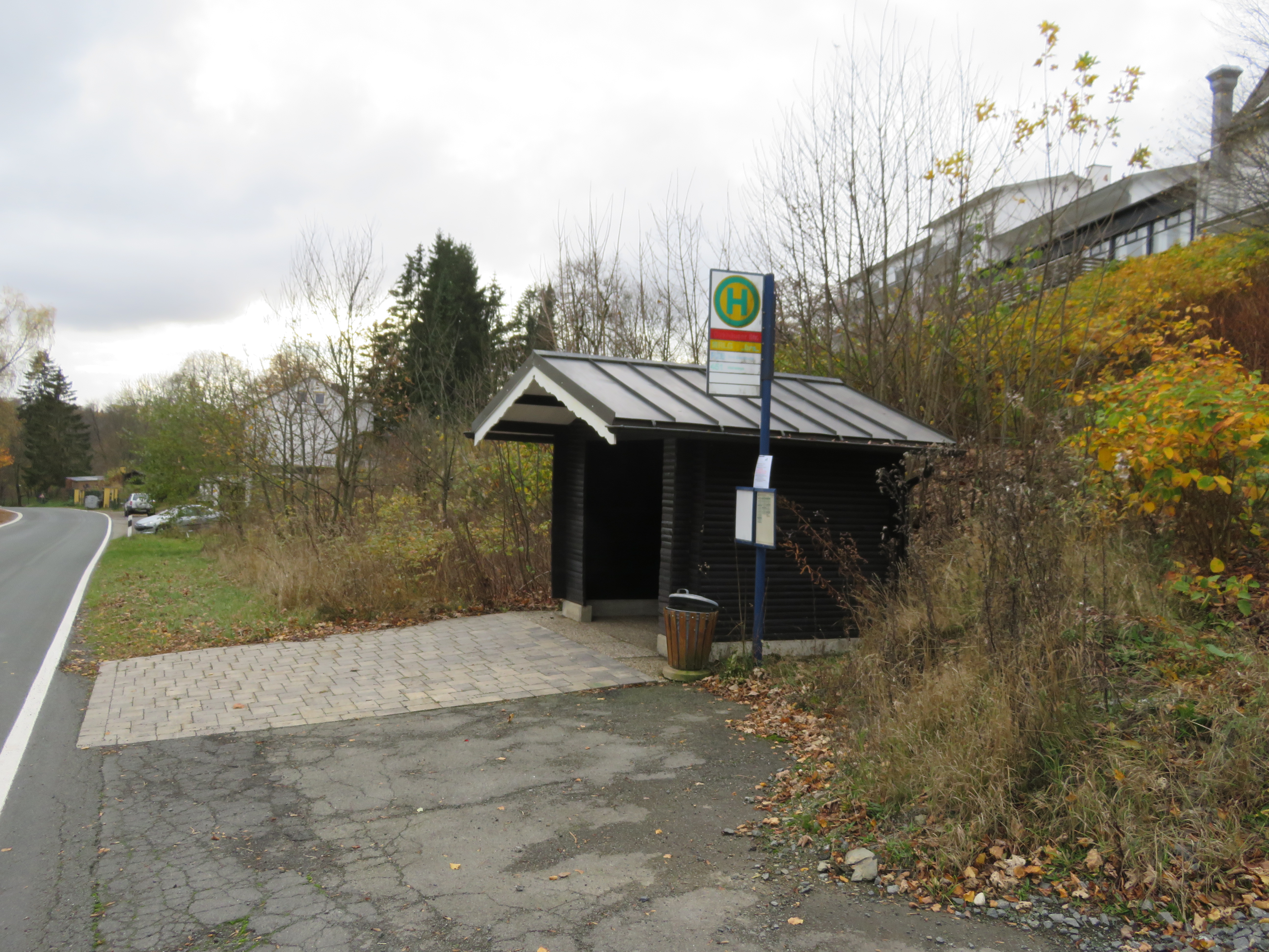 Ein Bushaltestellen-Häuschen mit einem Halteschild an einer Straße.