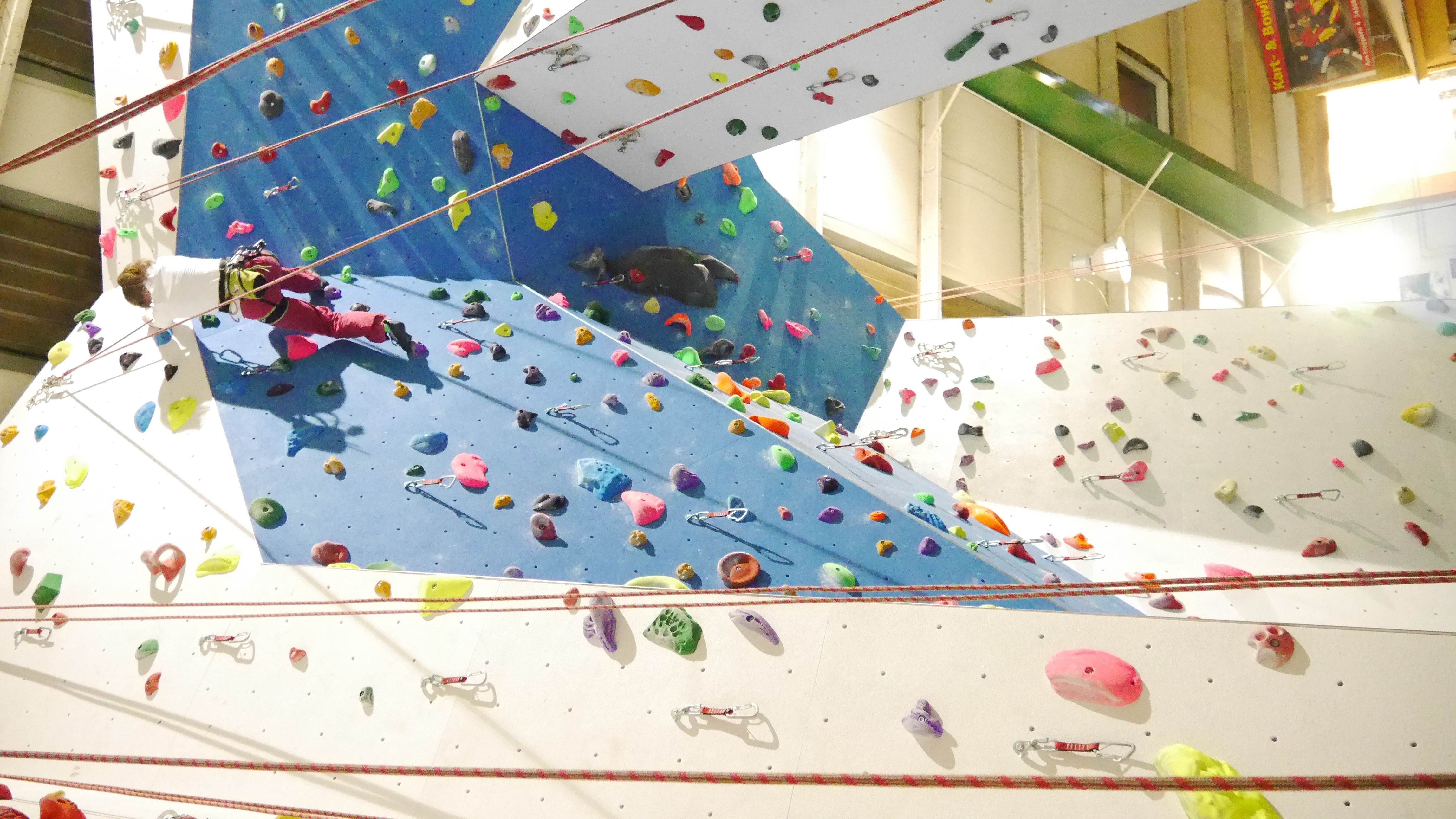 Eine Kletterwand mit einer am Seil gesicherten Person in einer Kletterhalle.