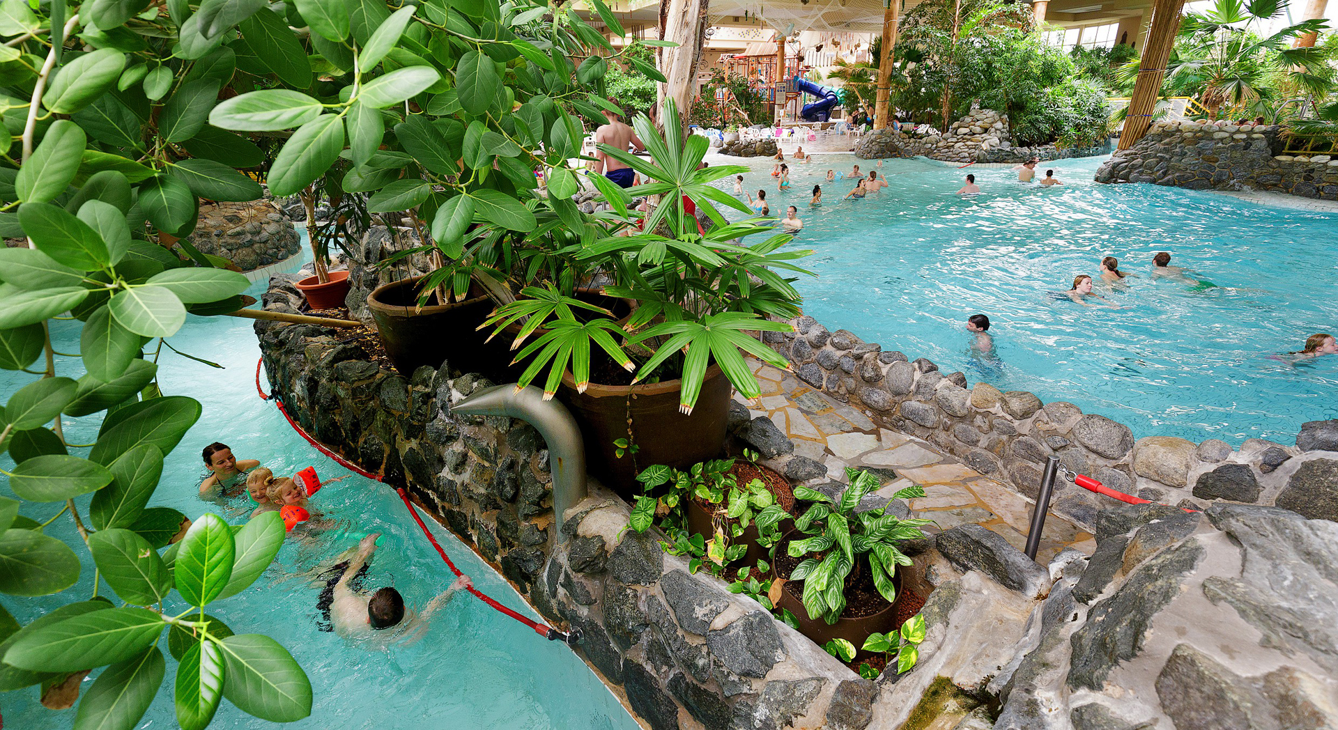 Ein Spaßbad mit vielen Palmen und anderen grünen Pflanzen in welchem einige Personen schwimmen. Ein Spaßbad mit vielen Palmen und anderen grünen Pflanzen in welchem einige Personen schwimmen.